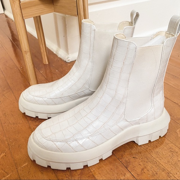 Cream Pu Croc Chunky Sole Chelsea Ankle Boots - Picture 4 of 9